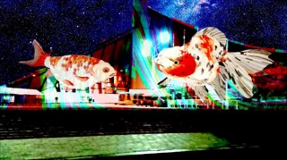 プロジェクションマッピングでデジタルアートの“金魚”が泳ぐ「空飛ぶ金魚 at 代々木体育館」