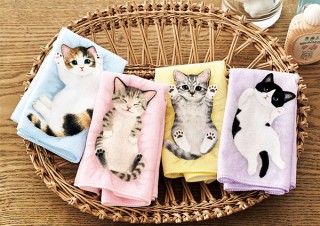フェリシモ、毛布の上でころがる子猫をイメージしたタオルハンカチを発売